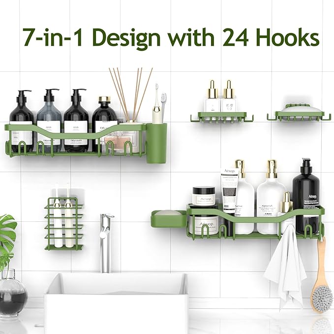Shower Caddy Adhesive Shower Organizer 7-Pack, Rustproof Stainless Steel Bathroom Shelves, Large Capacity No-Drill Rack Storage Accessories with Soap Dish Toothbrush Holder Hooks
