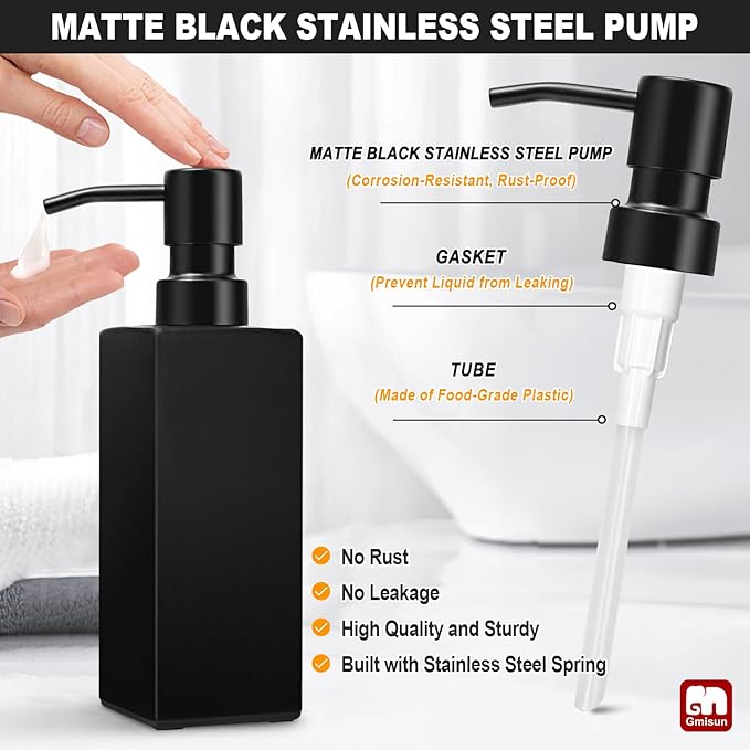 GMISUN Black Soap Dispenser Bathroom, Glass Hand Soap Dispenser with Stainless Steel Pump, 12 fl oz/350ml Refillable Dish Dispensers for Kitchen, Modern Liquid Lotion Bottles for Bathroom Countertop