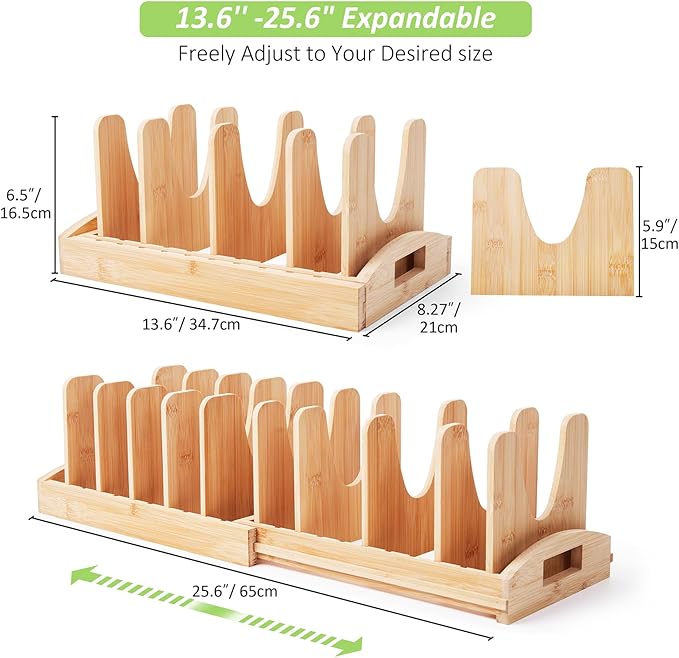 Pots and Pans Organizer under Cabinet, Pot Lid Organizer Bamboo Expandable with 10 Adjustable Dividers, Pan Holder Kitchen Storage Rack for Cutting Board, Baking Tray and Cookie Sheet
