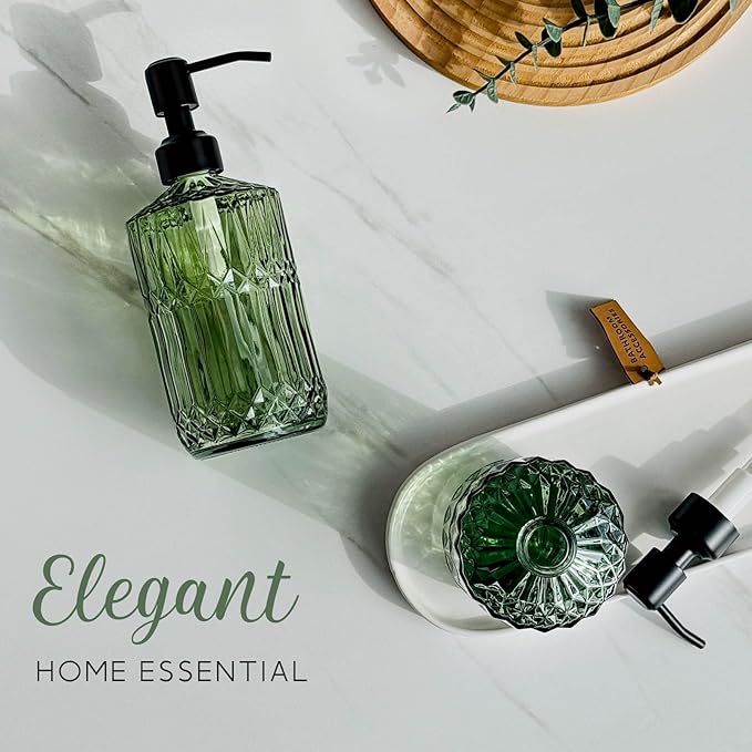 JASAI 18Oz Green Soap Dispenser with Black Rust Proof Pump, Refillable Kitchen soap Dispenser with Thick Glass, Soap Dispenser Bathroom for Hand soap, Dish Soap, Lotion, Body Wash.