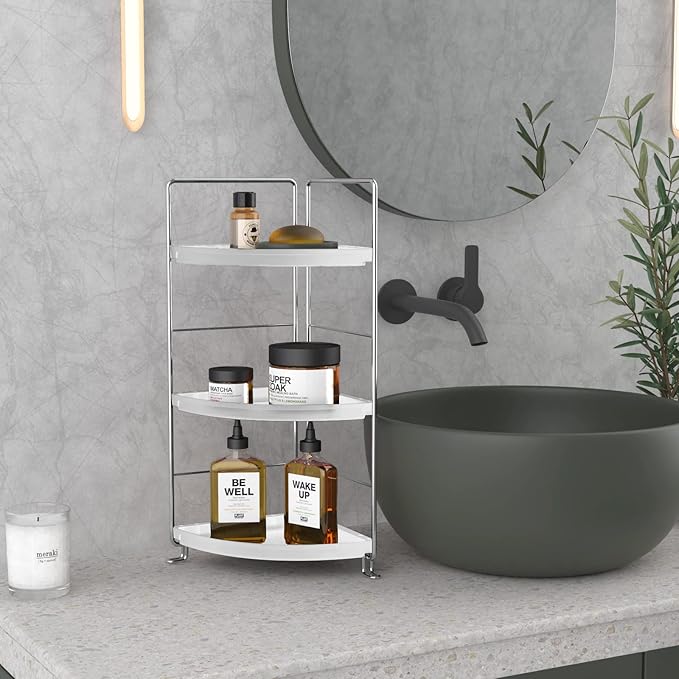 3-Tier Corner Bathroom Counter Shelf Stackable Perfume Storage Holder Makeup Countertop Organizer Standing Vanity Tray Kitchen Spice Rack,White and Silver