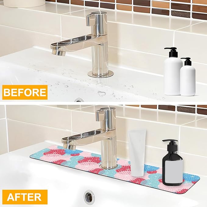 2 Pack Abstract Flowers Sink Splash Guard Faucet Mat Vintage Floral Super Absorbent Fast Drying Mat Sink Gadgets-Splash Guard Behind Faucet Drip Catcher for Kitchen Bathroom, 23.5"x5.5"