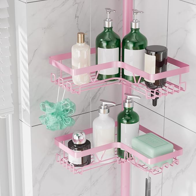 Corner Shower Caddy Tension Pole - Pink - Rustproof Adjustable Bathroom Organizer Shelf for Shampoo, 25–114.2 Inch Shower Rack for Renters, Apartments
