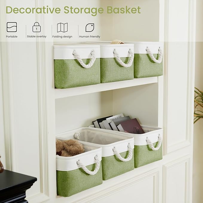 Storage Baskets for Shelves 13.8x9.8x6.7 Inch, Foldable Fabric Storage Bins with Handles, Small Storage Baskets for Organizing Closet, Office, Home Organization (1-Pack, White&Green)