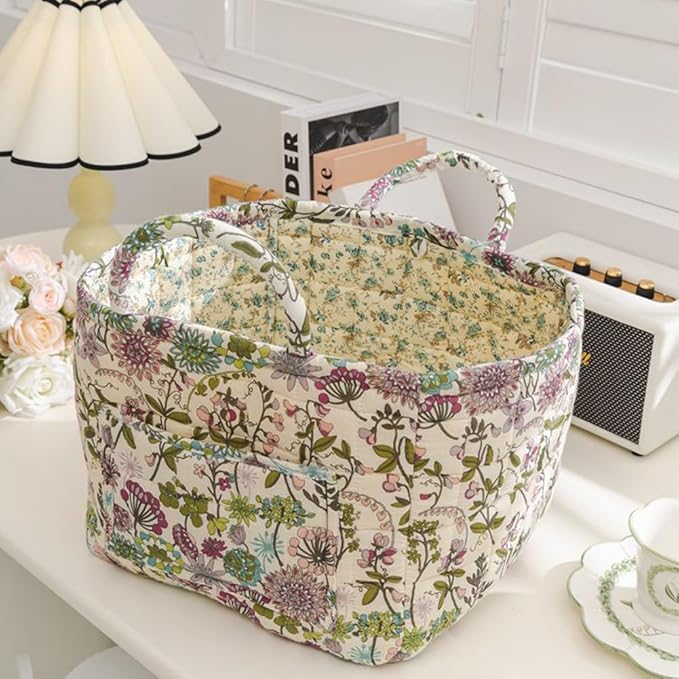 vctops Boho Cotton Quilted Storage Basket for Organizing, Basket Organizer Gift Baskets with Handles, Storage Bins for Toys, Books, Towels, and Clothes, Collapsible Fabric(Pattern C,13"x10.6"x10")