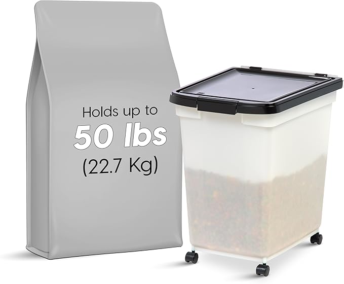 IRIS USA 50 Lbs / 65 Qt WeatherPro Airtight Pet Food Storage Container with Removable Casters, for Dog Cat Bird and other Pet Food Storage Bin, Keep Fresh, Translucent Body, Easy Mobility, Pearl/Black