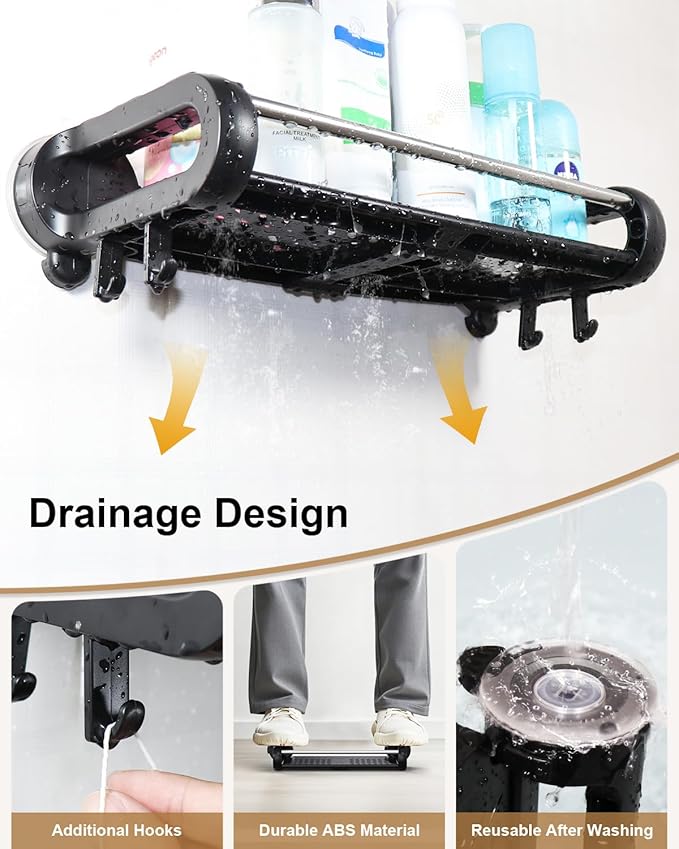 JOTPE Suction Cup Shower Shelf, Removable Shower Caddy Suction Cup with Large Capacity, Storage Suction Powerful Max Hold 22lbs, No Drilling Shelves for Bathroom Storage & Home Decor, Black