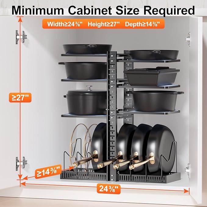 LAMU Pots and Pans Organizer under Cabinet, Expandable to 24" H Pan Organizers inside Cabinet for Kitchen Storage, 6 Adjustable Tiers and 6 Pot Lid Organizer Racks, Holds 12 Cast Iron Cookware Black
