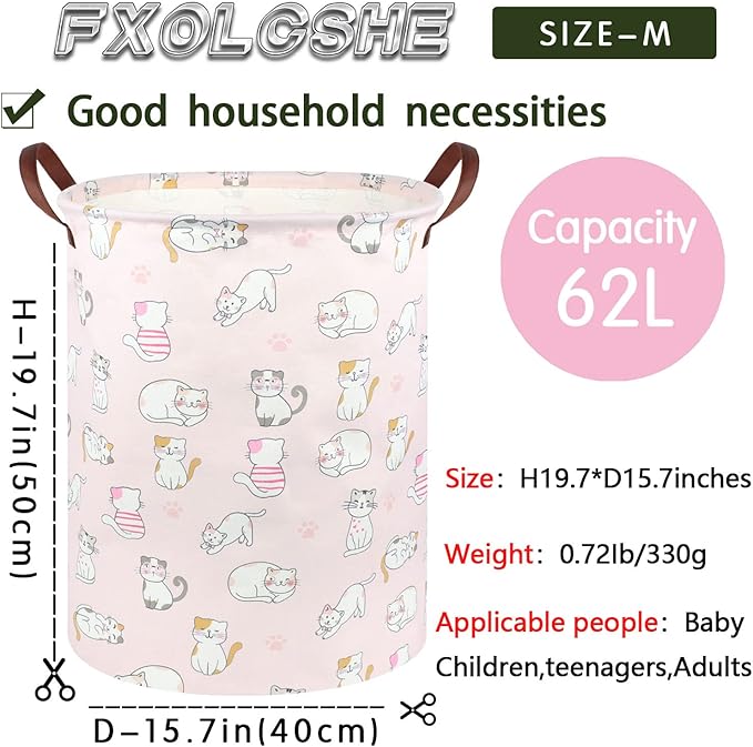 Pink Hamper,Cat Laundry Basket,Canvas Fabric Collapsible Cute Storage Baskets with Handles,Pink Clothes Hamper,Kids Toy Storage Basket,Toy Organizer,Cat Room Decor(Pink Cat)