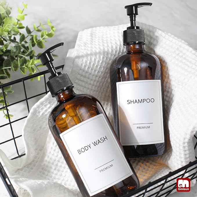 GMISUN Amber Glass Soap Dispenser, 2 Pack Bathroom Hand Soap Dispensers with Plastic Pump, 17 Fl Oz Kitchen Hand and Dish Soap Dispenser Set, Modern Vintage Liquid Brown Soap Dispensers Bottle