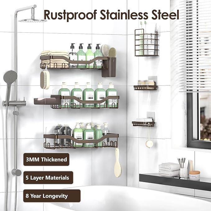 Shower Caddy Adhesive Shower Organizer 8-Pack, Rustproof Stainless Steel Bathroom Shelves, Large Capacity No-Drill Rack Storage Accessories with Soap Dish Toothbrush Holder Hooks