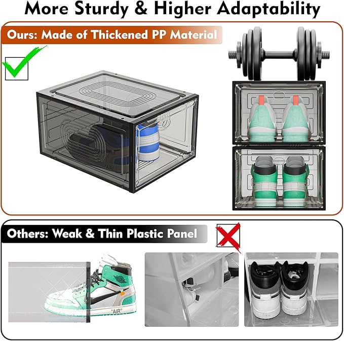 caktraie 6 Pack Thicken Shoe Organizer Stackable,Upgraded Sturdy Shoe Storage Box with Magnetic Door,Shoe Containers For Sneaker Display,Hat Organizer,Black
