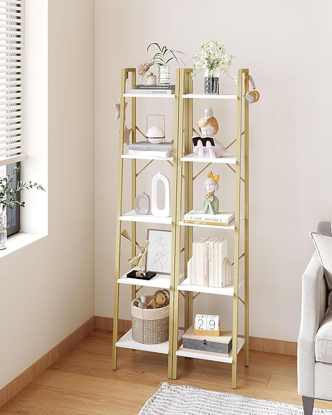 Ladder Shelf, Bookshelf Bookcase, Freestanding Corner Storage Shelve with 2 Hooks for Home Office, Living Room, Kitchen, Bedroom, Industrial, 11.8" D x 13.4" W x 63" H, White Gold BC03213G