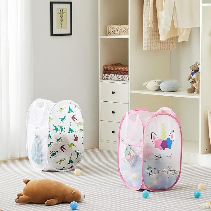 TECHMILLY Collapsible Mesh Pop Up Laundry Hamper with Sturdy Handles and Side Pocket - Portable Foldable Clothes Baskets for Dorm, Bathroom & Travel Storage (Unicorn, 2 Packs)