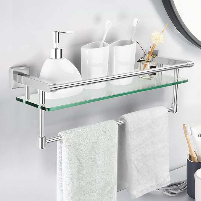 SFGSOWOR Glass Bathroom Shelf with Towel Bar, Stainless Steel Tempered Towel bar/Track Glass Bathroom Shelves Wall Mount Over The Toilet (Brushed Nickel, 20-inch)