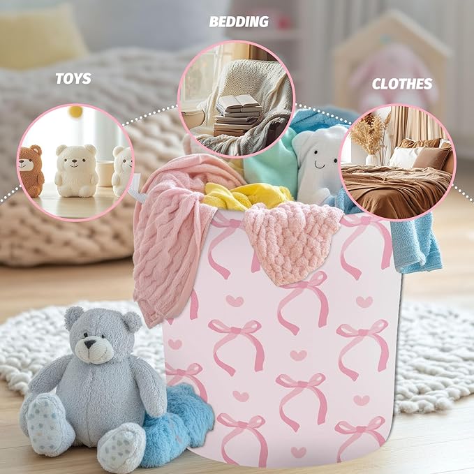 Laundry Basket Coquette Pink Bow Laundry Hamper Foldable Fabric Storage Bin with Handles Clothes Storage Bucket for Bathroom Girl Bedroom Dorm Toy Organizer