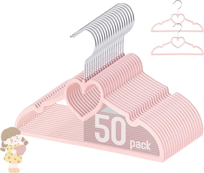 GOSCHE Baby Velvet Hangers 50 Pack, 11 inch Non Slip Kids Hanger for Infant & Toddler Clothes, Durable Ultra-Slim Closet Organizers, Pink, 50 Pack