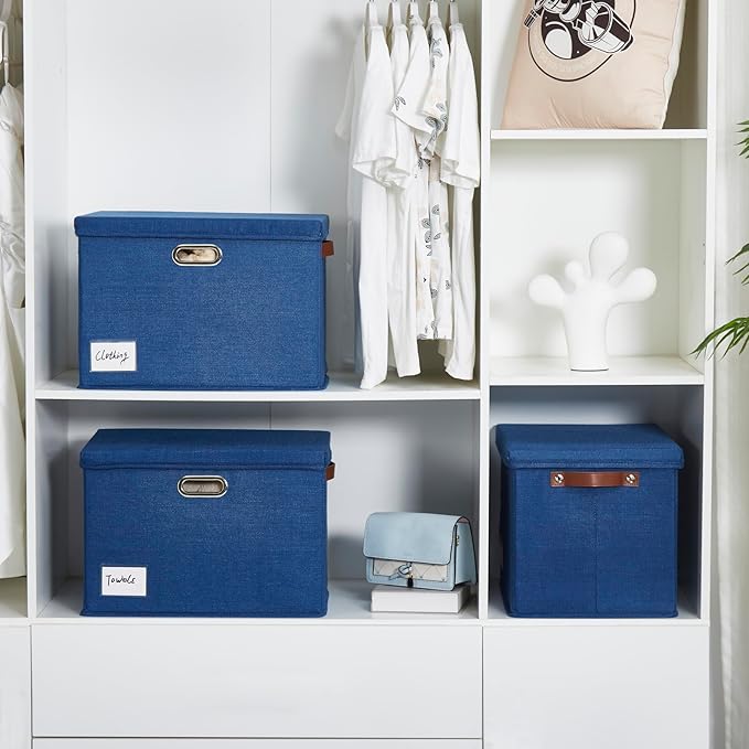 Roobyl 17" Large Collapsible Storage Bins with Lids, Stackable Closet Organizers with PU Handle and Labels, 3-Pack Decorative Fabric Storage Boxes for Home, Bedroom, Closet, Office, Nursery(Navy)