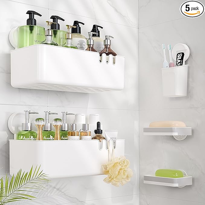 LUXEAR Shower Caddy 5 Pack Suction Cup Shower Organizer for Bathroom Storage Home &Kitchen,No Drilling Removable Plastic Shelf Organizer with Soap Dish&Toothbrush Holder Easy Install