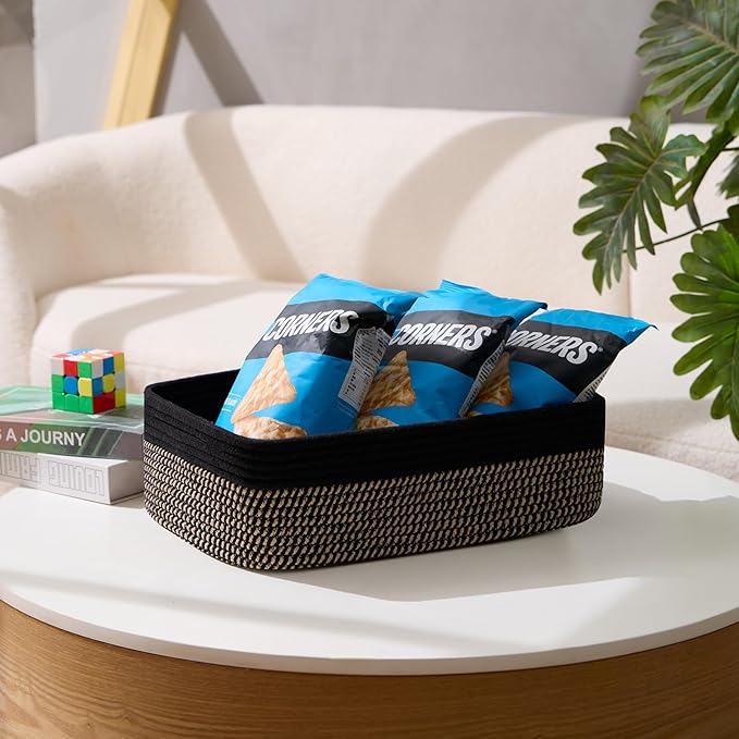 Large Shallow Organizing Baskets 15x11x5.1 Inches - Rope Woven Storage Bins for Bathroom, Shelves, Cube Closet, Black Woven Brown 4 Packs