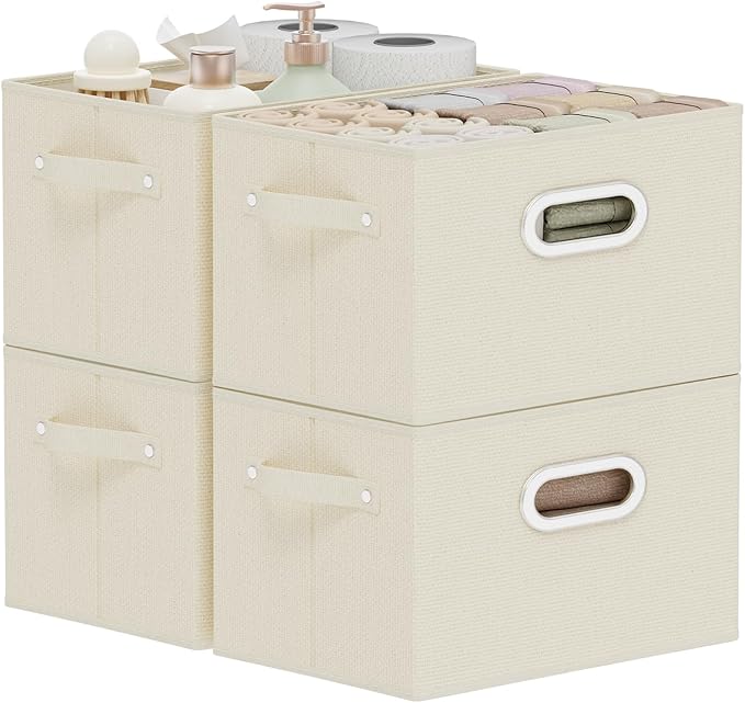 Foldable Cloth Basket with 3 Handles, Decorative Open Storage Boxes, Stackable Cube Organization, Fabric Bins for Shelves, Closet, Living Room, 10.2x7.9x6.7in, Beige, 4 Pack