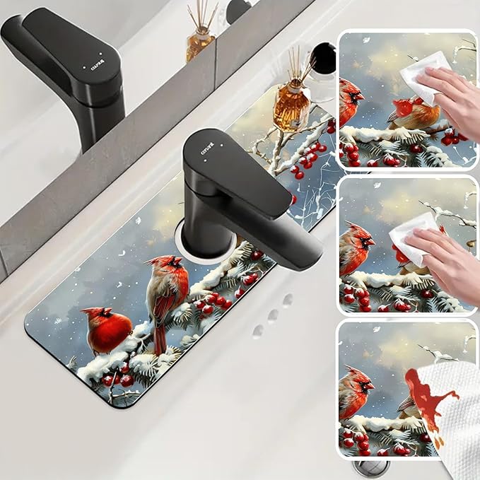 Chrismas Sink Splash Guard Faucet Mat Welcome Winter Absorbent Fast Drying Mat Sink Gadgets Splash Guard Behind Faucet Drip Catcher for Kitchen Bathroom 15.5"X5.5"