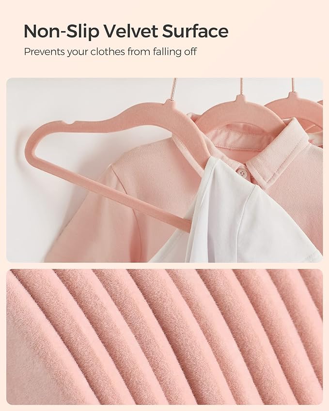 SONGMICS Baby Kids Hangers 50 Pack for Closet, 11.8 x 8.1 Inches, Rose Gold 360° Swivel Hooks, Space-Saving Clothes Velvet Hangers for Nursery, Non-Slip, Jelly Pink UCRF027P01