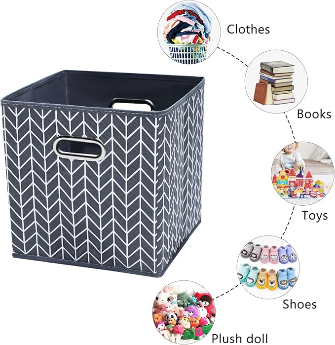 11 Inch Cube Storage Bins , Fabric Cube Organizer Bins with Handle, Foldable Cube Bins for Cloth or Accessary Storage, 11x11x11 set of 6,（Gray Wave）