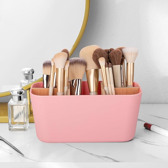 Toothbrush Holders for Bathrooms, Bamboo Tooth Brush Holder with 5 Slots Bathroom Vanity Organizer Countertop for Electric Toothbrushes, Toothpaste, Razors - Pink