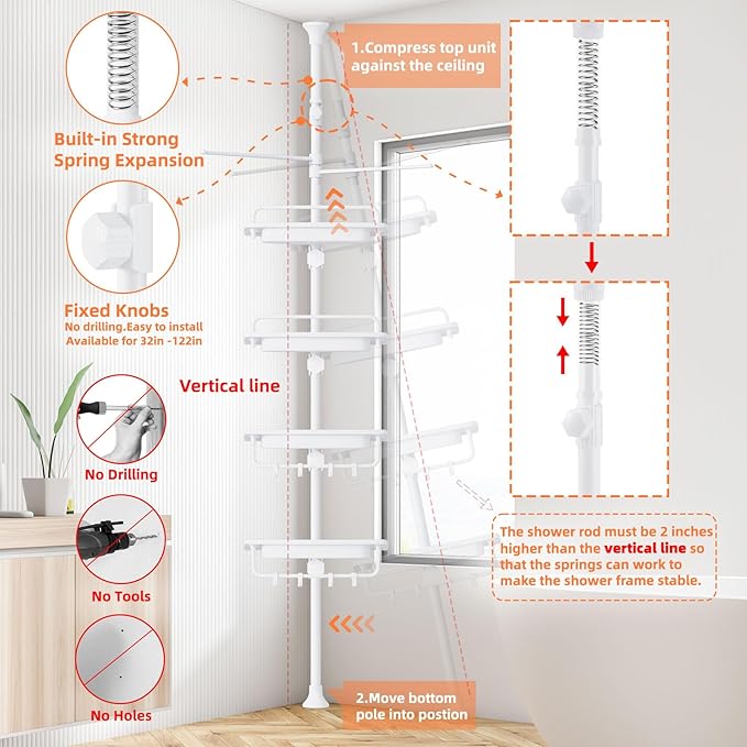 32-122inch Corner Shower Caddy Tension Pole All White, Rustproof Drill-Free Shower Shelves for Bathroom Bathtub Washbasin, Adjustable Shower Organizer with 4 Tier Patent Shelves & Towel Bars