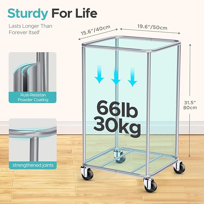 JYPS Laundry Basket With Wheels, 150L Large Rolling Hamper W/Metal Frame & Removable Bag, Waterproof Oxford Fabric, 2 Side Bags, Dirty Clothes Storage Cart For Laundry Room, Dorm, Bedroom, Bathroom
