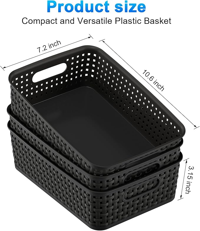 Black Plastic Basket, 8 Pack Home Organization and Storage Baskets with Handles, Space Saving Woven Organizer Bins Plastic Storage Basket for Organizing Cabinets,Closets, Shelves, Countertops