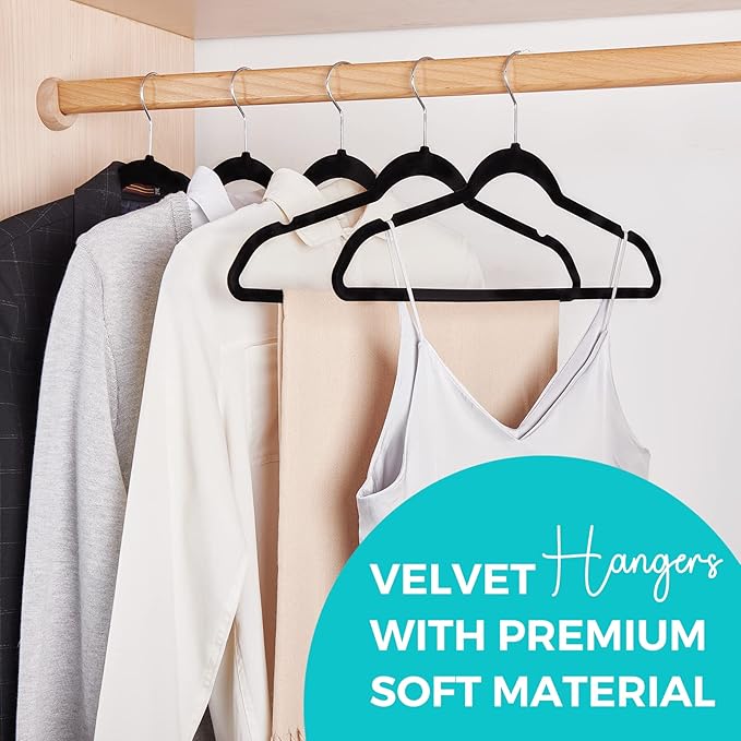 House Day Premium Velvet Hangers, Non-Slip Flocked Felt, Sturdy Coat & Suit Hangers for Closet Space Saving (100 Pack, Black)