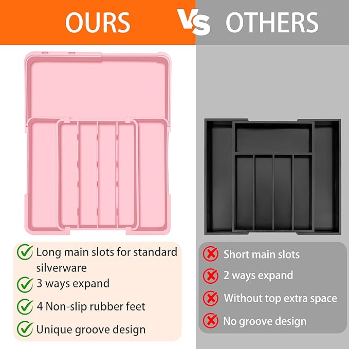 Silverware Organizer - Expandable Silverware Drawer Organizer, Adjustable Drawer Organizer, Silverware Tray for Drawer 15.2"x 19" Utensil Drawer Organizer, Kitchen Organizers Storage, Pink