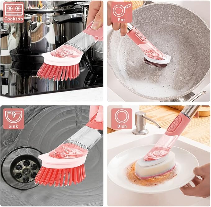 Dish Cleaning Brush, Soap Dispensing Dish Brush Set with 4 Replacement Heads and Storage Holder, Kitchen Scrub Brush for Dish Pot Pan Sink Cleaning (Pink)