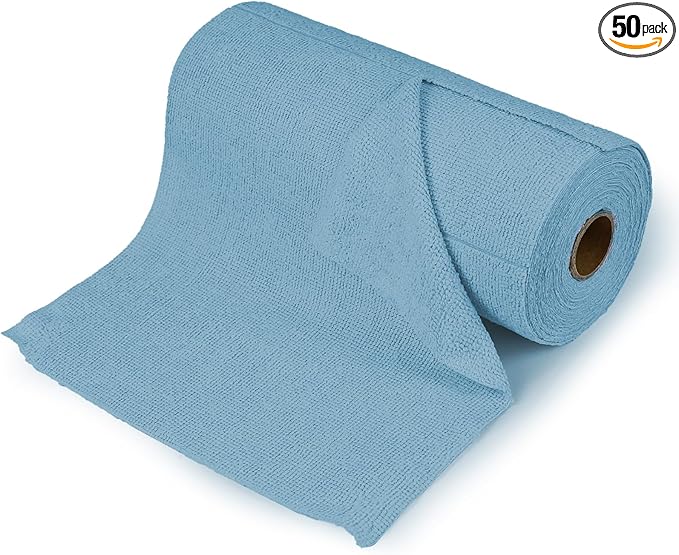 wuyaoyao 50PCS Microfiber Cleaning Cloth Roll, 10"×10" Tear Away Microfiber Towels, Reusable Washable Cloth Paper Towels, Multi-Purpose Cleaning Rags for Car Home Kitchen Garage Shop (Blue)