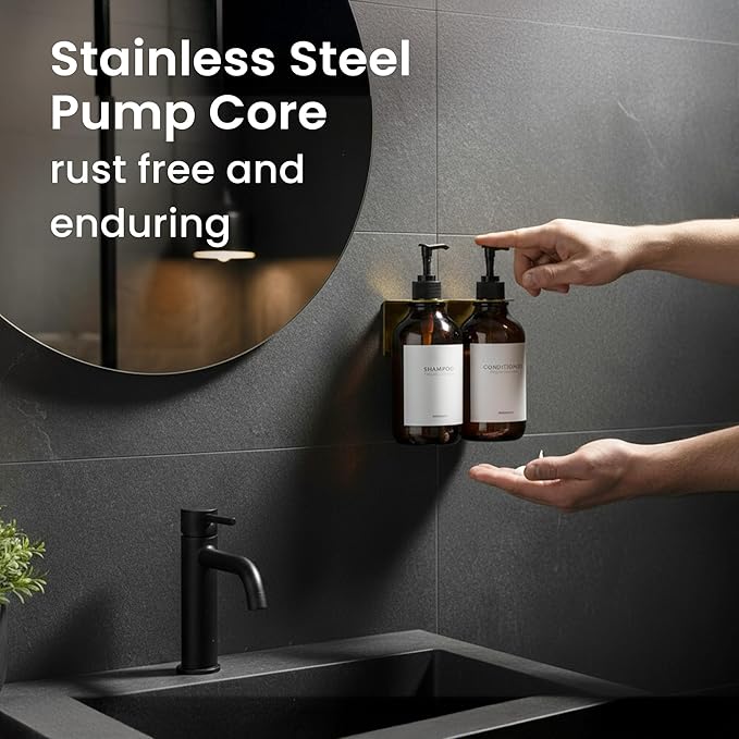 MaisoNovo Shampoo and Conditioner Dispenser - Shower Soap Dispenser Wall Mounted - 16.9 fl oz Set of 2 Amber Plastic Bottles Black Pump - 2 Chamber No Drill