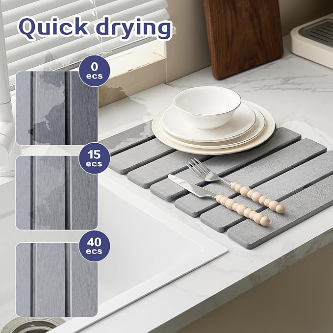 ODE TO ORDER 15.76 Inch Super Absorbent Diatomaceous Earth Mat for Bathroom, Light Grey Easy Clean Rollable Foldable Stone Bath Mat, Non-Slip Quick Dry Shower Mat for Kitchen, Outdoor Use