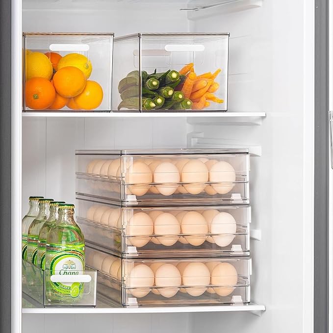 vacane Egg Holder for Refrigerator, 48 Capacity Clear Egg Storage Drawer with Non-Slip Pads, Stackable BPA-Free Egg Organizer Tray for Fridge