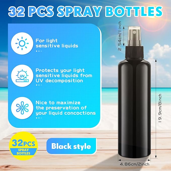 Eccliy 32 Pcs 8 oz Spray Bottles Fine Mist Plastic Spray Bottles Clear Empty Sprayer Hairs Refillable Travel Sprayer with Pump Cap for Cleaning Oils Travel Perfumes(Black,Colored)