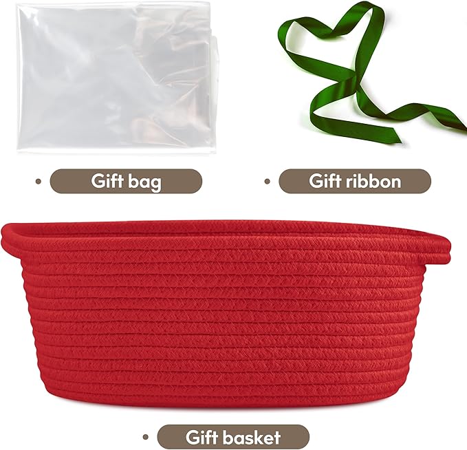 Pro Goleem Small Woven Basket with Gift Bags and Ribbons Durable Baskets for Gifts Empty Small Rope Basket for Storage 12"X 8" X 5" Baby Toy Basket with Handles, Red
