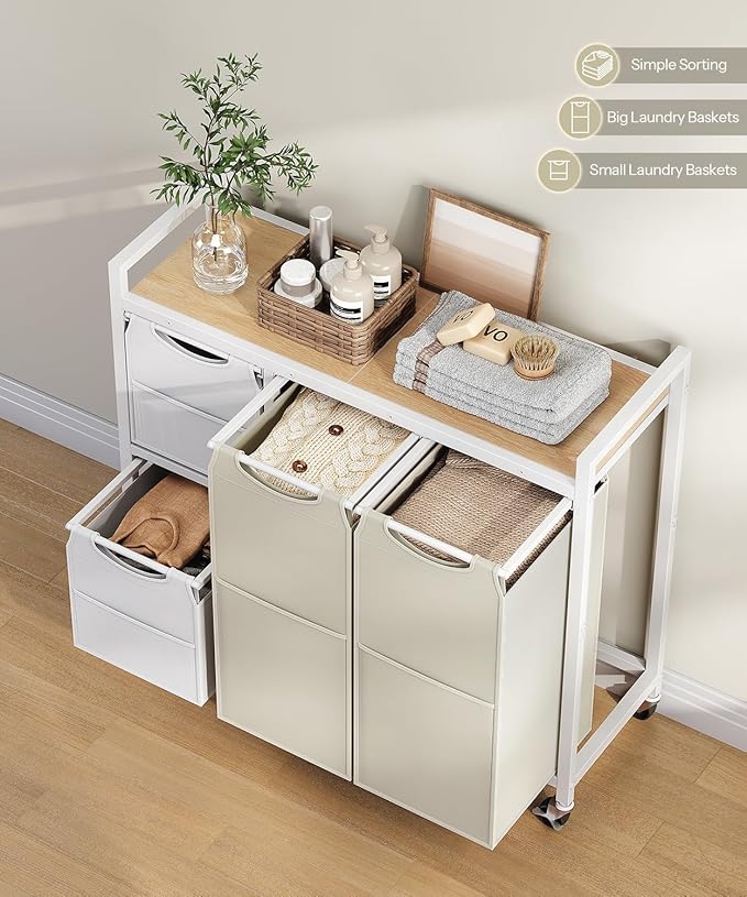 HOOBRO Laundry Sorter with 4 Section, 39 Gal. (147 L) Laundry Hamper with Wheels, Rolling Laundry Basket with Shelves, Pull-Out Detachable Bags, Side Pockets, White, Natural and Beige WNE14XY01N1