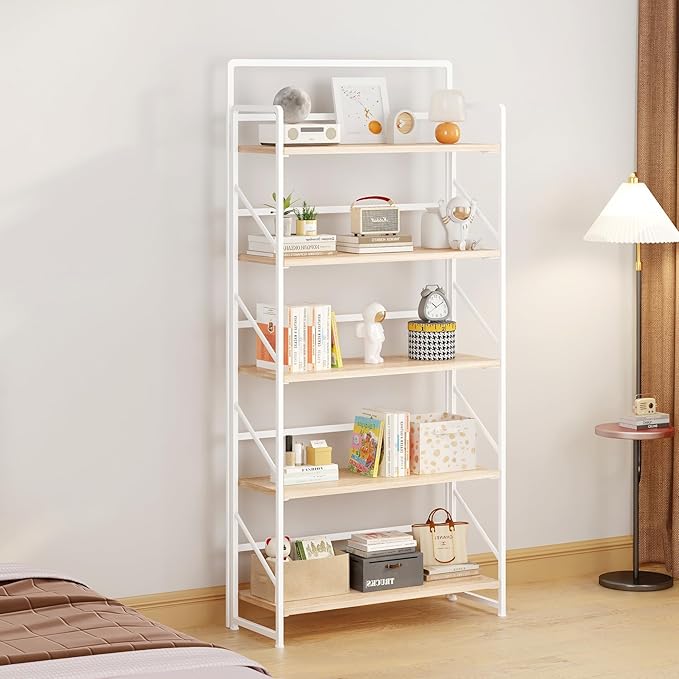 JSB Folding Bookshelf,Industrial Storage Shelves, No Assembly Vintage Wood Look Bookshelf with Storage Shelves for Living Room, Bedroom, Office (White, Wide 5-Tier)