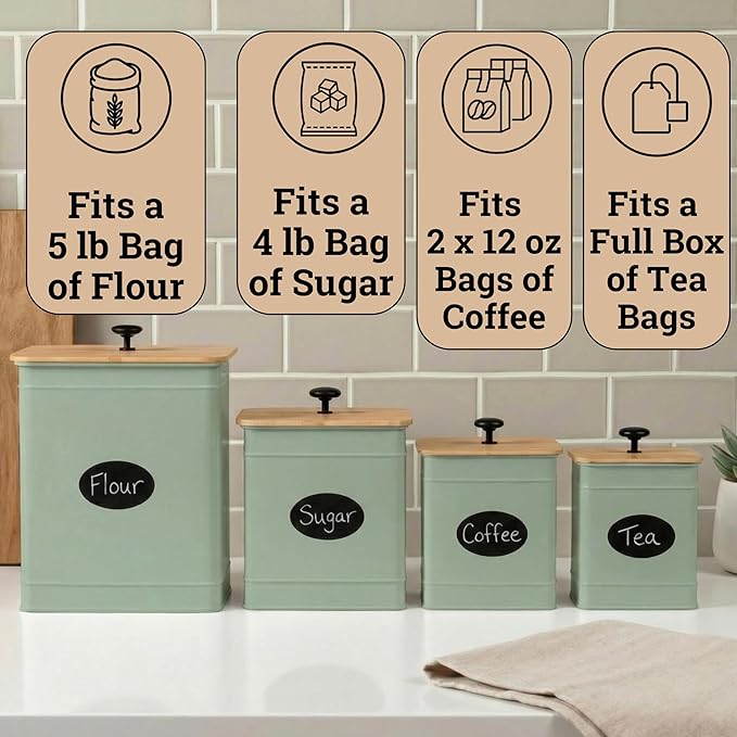 Kitchen Canisters for Countertop Set of 4 with Customizable Chalkboard Labels & Marker Pen - Big Iron Kitchen Canisters with Airtight Lids - Sage Green Canister Set - Flour and Sugar Containers