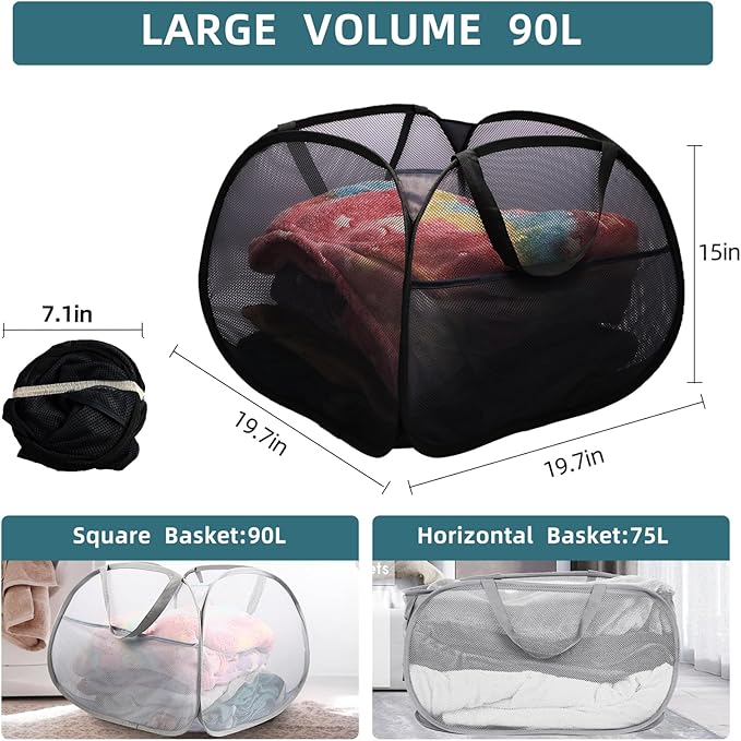 Collapsible Laundry Baskets, 90L Large Foldable Laundry Basket, Durable Mesh Pop Up Hampers for Laundry, Dirty Clothes Laundry Hamper for Bedroom, Bathroom, Dorm, Laundry Room, Travel, Camping Black