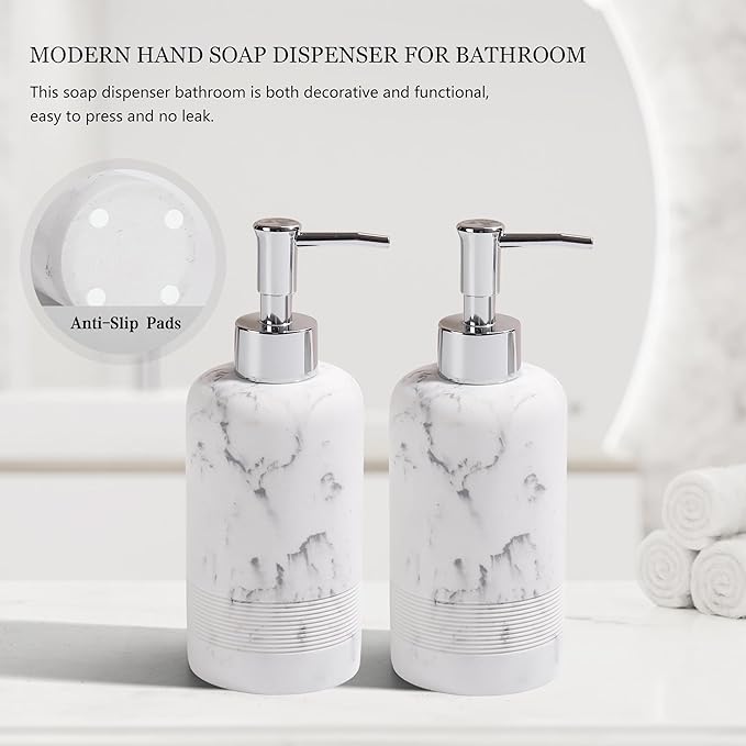 2pcs/Set Hand Soap Dispenser Sets - 10.8oz Refillable Resin Liquid Soap Dispensers with Rust-Proof Pump for Bathroom Countertop or Kitchen, Marble White