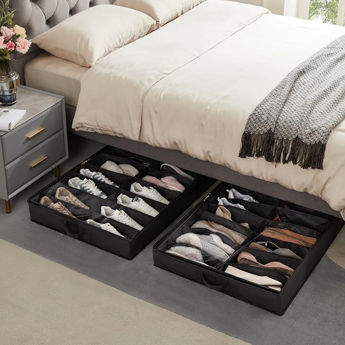 Lifewit Under Bed Shoe Storage Organizer 4 Pack(16 Pairs), 4.3" Tall Fabric Shoes Container Box, Foldable Closet Shoe Bag with 2 Reinforced Handles and Clear Cover, Black