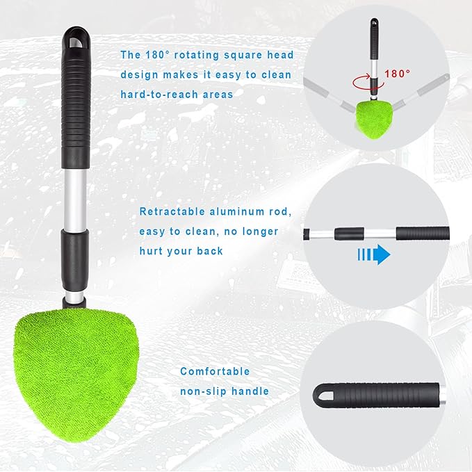 Ziciner Car Windshield Cleaner, Microfiber Auto Cleaning Wiper with Aluminum Extendable Handle and 2 Washable Reusable Cloth Pad Head, Universal Vehicle Interior Exterior Cleaner Kit (Green-Triangle)