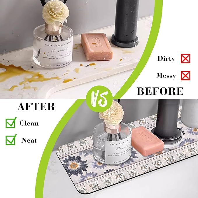 Sink Faucet Absorbing Mat Vintage Embroidery Flowers Sink Splash Guard Drying Mat for Kitchen Bathroom Faucet Sinkmat 15.5"X5.5"