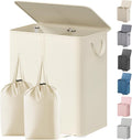 Lifewit Double Laundry Hamper with Lid and Removable Laundry Bags, Large Collapsible 2 Dividers Dirty Clothes Basket with Handles for Bedroom Laundry Room Closet Bathroom College, 155L Ivory White